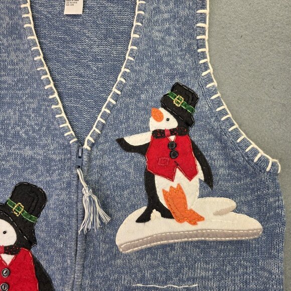 Vintage Heirloom Collectibles Sweater Vest Women M Blue Zip Penguin Ugly Holiday - Picture 2 of 10